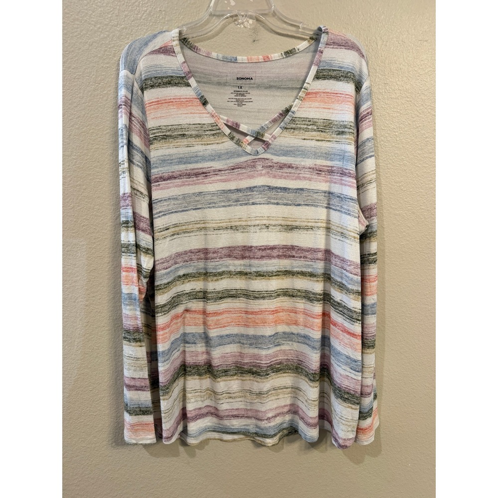Sonoma Goods for Life Womens 1X Multi-Color Striped Crisscross V-Neck Top